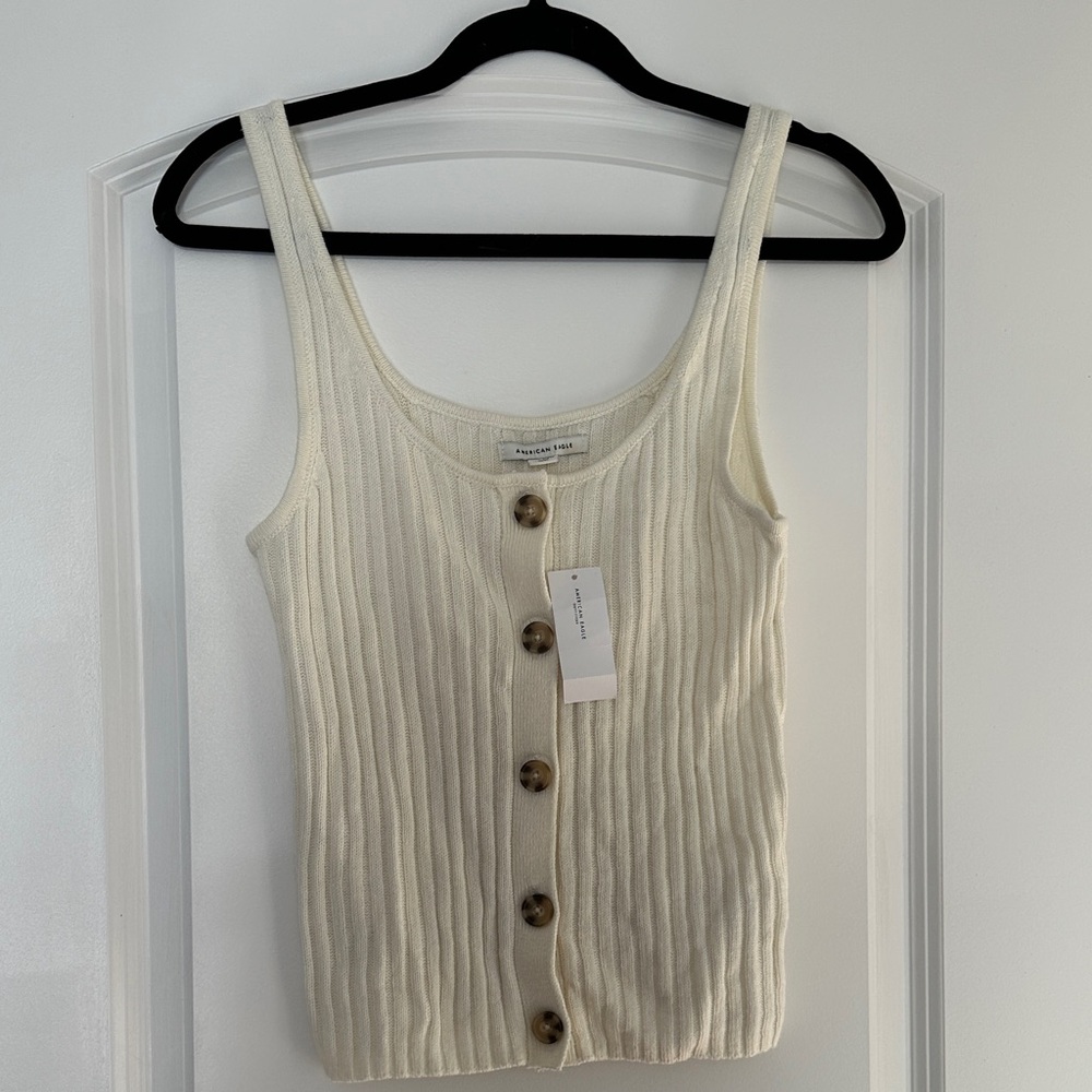 American Eagle Outfitters Ivory Button-Front Ribbed Tank